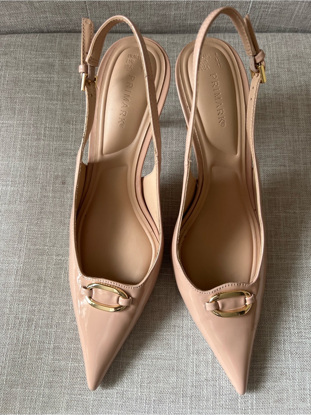 Primark Women’s Blush Patent Pointed Slingback Heels with Gold Accent, Size 10